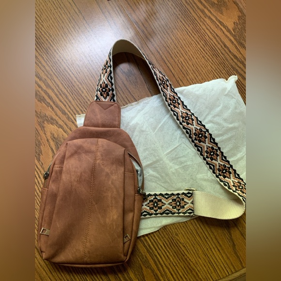 Handbags - Brown Sling Bag with Patterned Strap NWOT